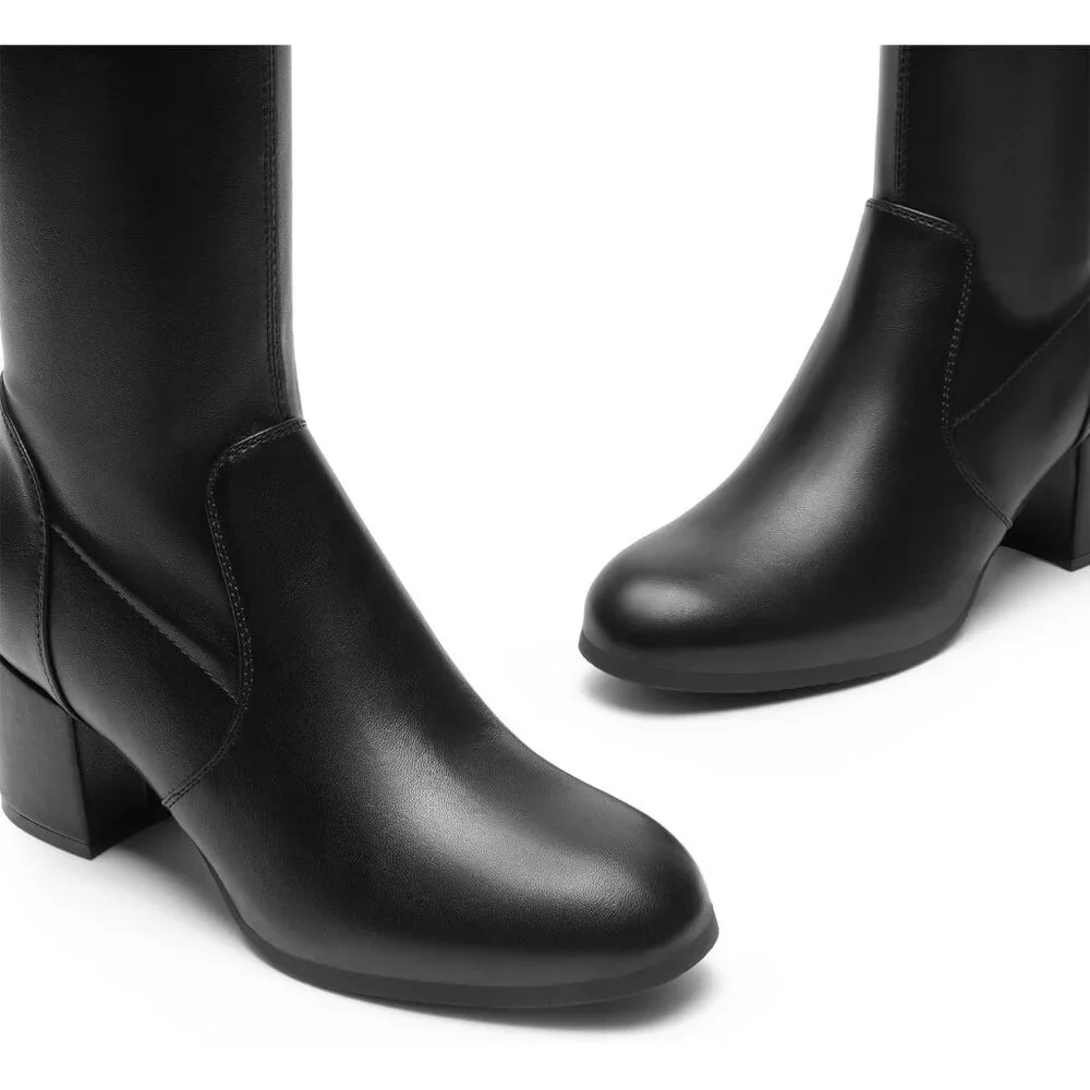 Women Black-pu Suede Over The Knee Thigh High Chunky Heel Long Stretch Fall Boot